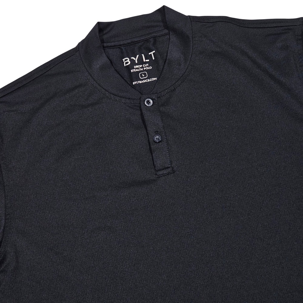 BYLT Stealth Henley Polo Mens L Black Drop Cut Band Collar Athleisure Techwear